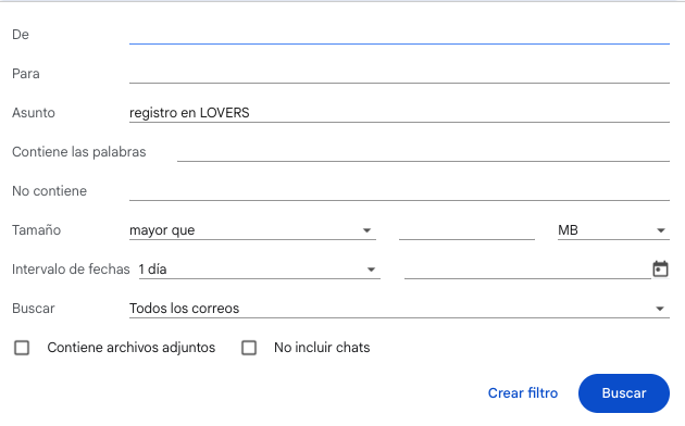 Ventana de Gmail con el campo Asunto relleno con: registro en LOVERS, y el botón Crear filtro abajo a la derecha